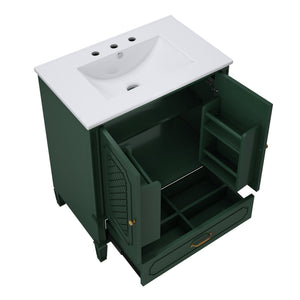 English Elm Christopher Knight Home® - 30" Bathroom Vanity with Sink Vintage Acacia Frame Ceramic Basin Soft-Close Doors & Storage Green N759P313313F