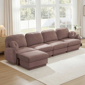 English Elm 137" Oversized Chenille Sectional Sofa with Movable Ottoman and Quilted Cushions Rose Dust W714S01781