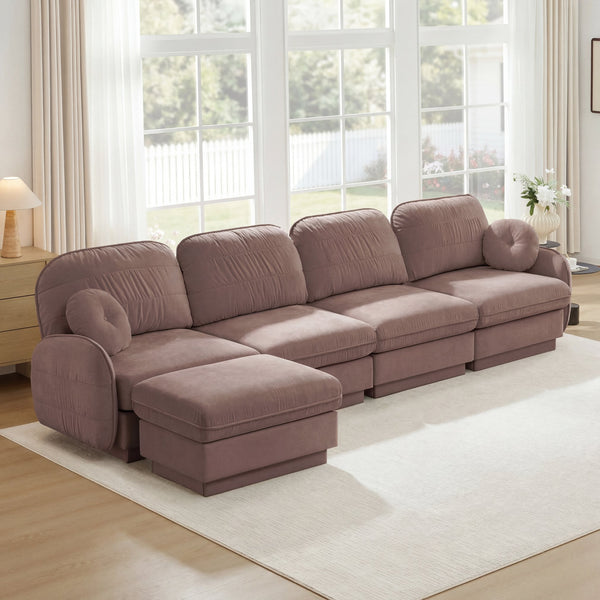 English Elm 137" Oversized Chenille Sectional Sofa with Movable Ottoman and Quilted Cushions Rose Dust W714S01781