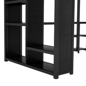 English Elm Queen Size Loft Bed Frame With Integrated Wardrobe, Desk & Shelves - Space-Saving Black Design W1580S00105-GIGA