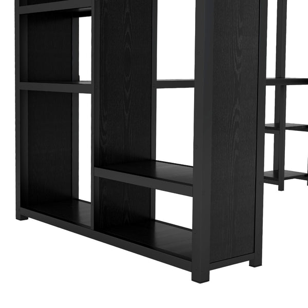 English Elm Queen Size Loft Bed Frame With Integrated Wardrobe, Desk & Shelves - Space-Saving Black Design W1580S00105-GIGA