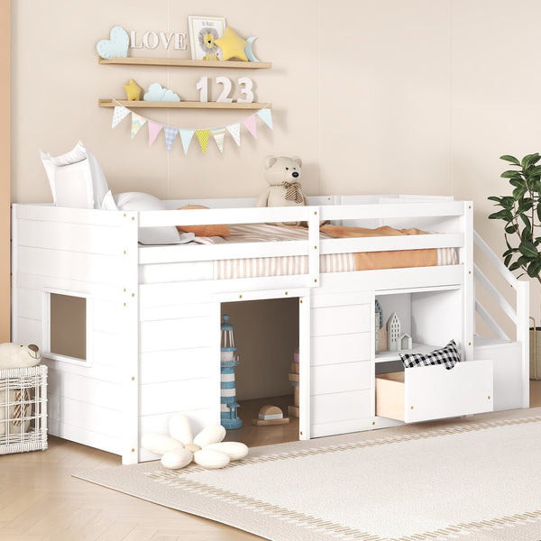 English Elm Solid Pine Twin Low Loft Bed with Stair Drawer Shelf Playhouse Frame for Kids White W697S00018