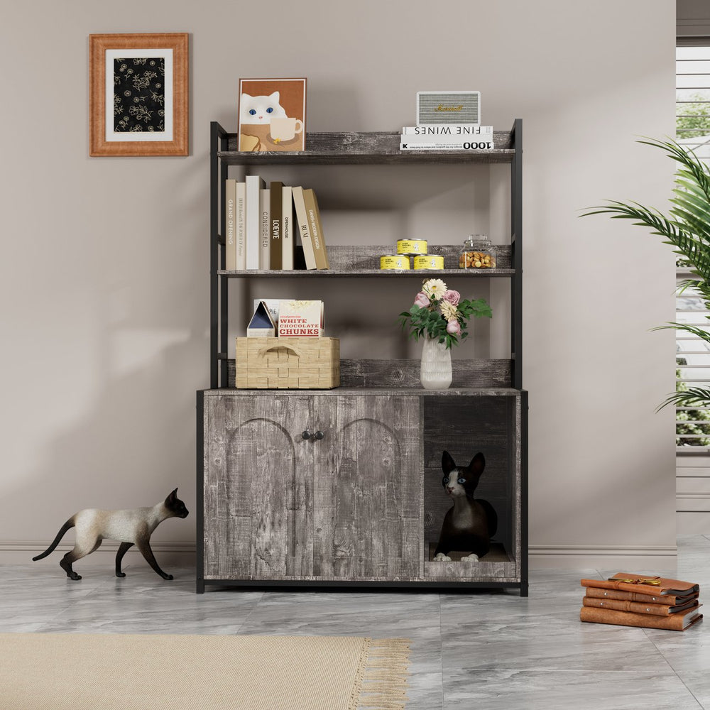 English Elm Large Cat Litter Box Enclosure with Shelf Storage, Dual Magnetic Doors, Sturdy MDF Wood Cabin with Scratch Pad and Hidden Washroom for Indoor Cats W578P303859