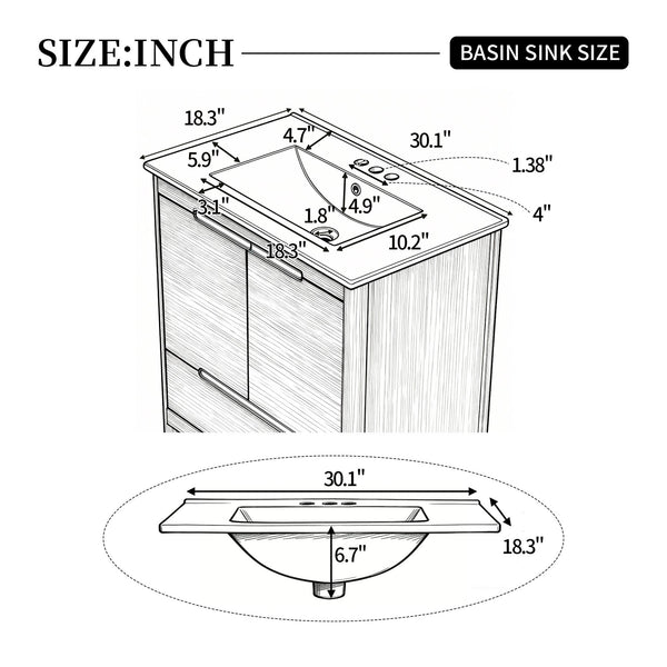 English Elm [video] 30 Inch Freestanding Bathroom Vanity Pine Legs Ceramic Sink Soft Close Storage Natural N759P412928N