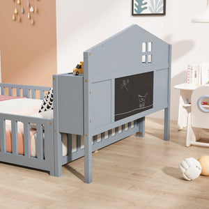 English Elm Full-size Montessori Floor Bed with Built-In Bookcase and Chalkboard, Space-Saving Solid Wood Platform for Kids Grey 56.3 L x 17.32 W x 5.31 H W1716S00013