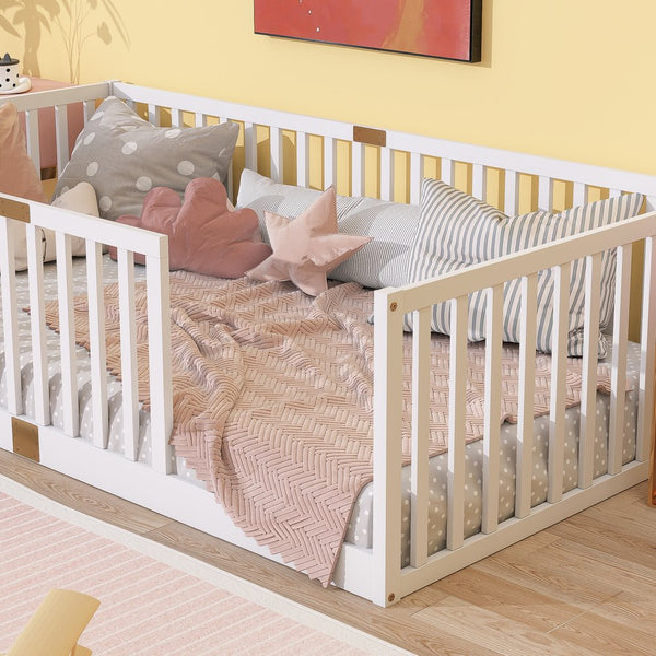 English Elm Twin House Frame Floor Bed Rubberwood with Roof Canopy and Safety Rails for Kids White W504P429530