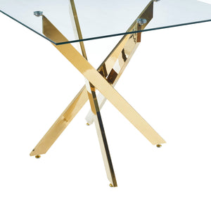 English Elm Dining Table Square Tempered Glass Top Cross Metal Base Modern Space Saving Design W234P235264