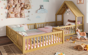 English Elm Full Full Size House Floor Bed with Door & Guardrails, Solid Wood Playful Design for Kids, Safe and Durable Natural W1580P327131