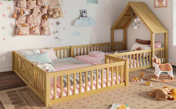 English Elm Full Full Size House Floor Bed with Door & Guardrails, Solid Wood Playful Design for Kids, Safe and Durable Natural W1580P327131