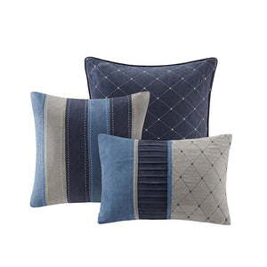 English Elm 7 Piece Microsuede Comforter Set Cal King - Madison Park Collins Navy Pieced Suede, Pleated Quilted Pillows B03596802