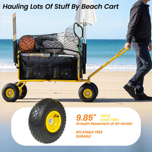 English Elm Fishing Beach Cart Collapsible Heavy Duty Wagon with All Terrain Wheels Rod Holders Yellow W2932P417636