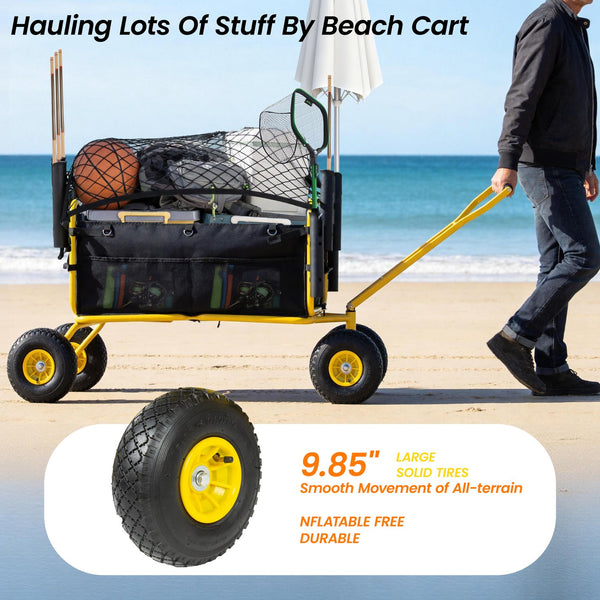 English Elm Fishing Beach Cart Collapsible Heavy Duty Wagon with All Terrain Wheels Rod Holders Yellow W2932P417636