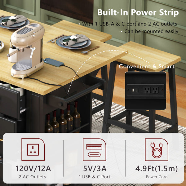 English Elm K&K Rustic Kitchen Island Cart with 6 Drawers, Pull-Out Trash Cabinet, Drop Leaf & Built-In Charging Station Black N707P307292B