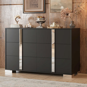 English Elm Elegant Mirrored Dresser with Metal Feet and 6 Spacious Drawers for Organized, Modern Living Spaces Black 54.25 L x 20.75 W x 8.5 H N733P307943B