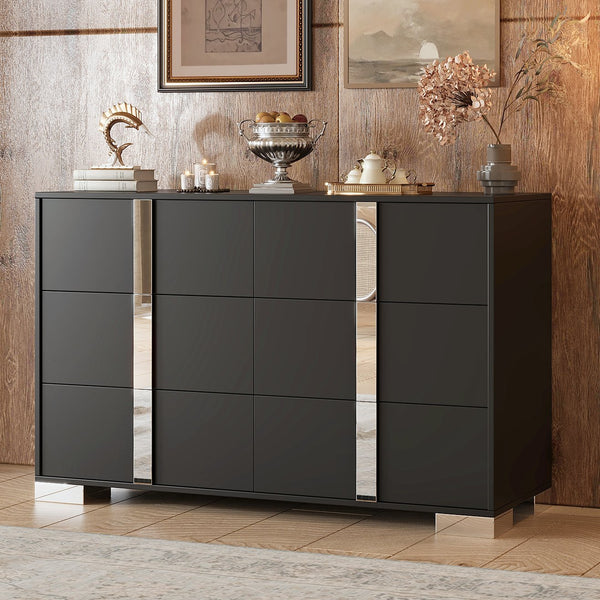 English Elm Elegant Mirrored Dresser with Metal Feet and 6 Spacious Drawers for Organized, Modern Living Spaces Black 54.25 L x 20.75 W x 8.5 H N733P307943B