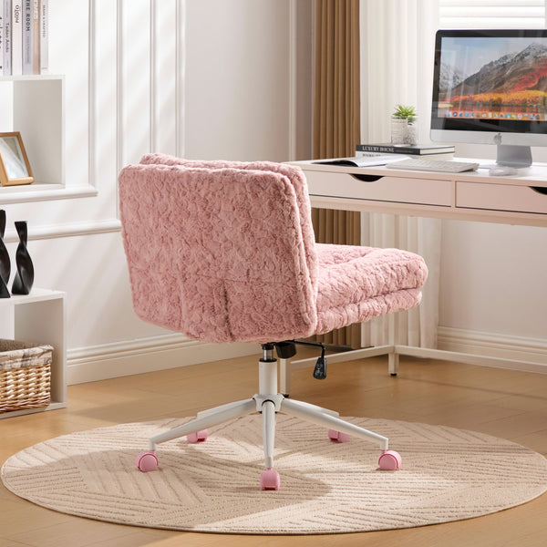 English Elm W26.4 Extra-Wide Faux Fur Office Chair with Metal Base, Ergonomic 360° Swivel, Adjustable Comfort Pink W1143P369104