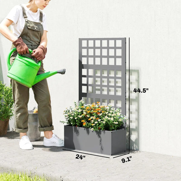 English Elm Planter Box with Built-in Trellis Galvanized Steel Raised Garden Bed Matte Black Outdoor Gray T3971P476188