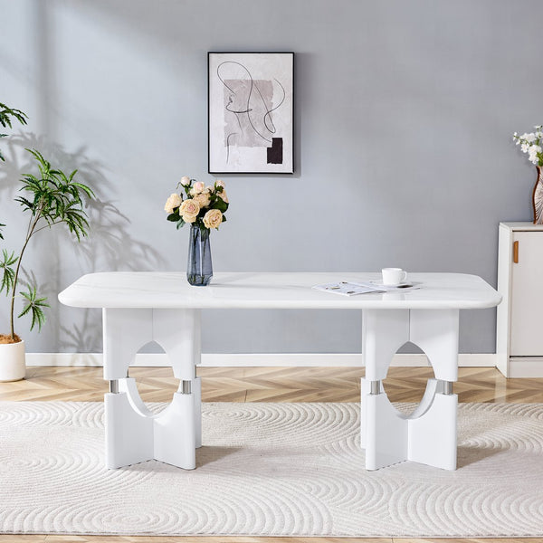 English Elm Modern Marble Print Mdf Dining Table Sculptural Hollow Frame Metal Accents Small Space White W3875S00026