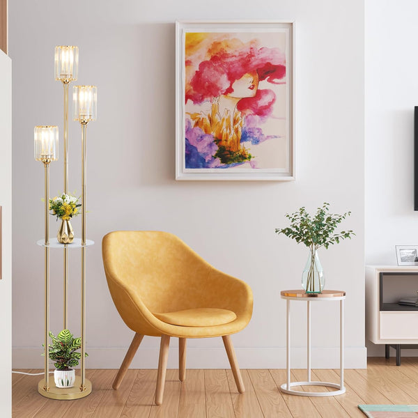 English Elm Gold Crystal Floor Lamp with Dual Shelves, Brass Mid-Century Standing Light, Foot Switch, 66" Tall W2738P400603