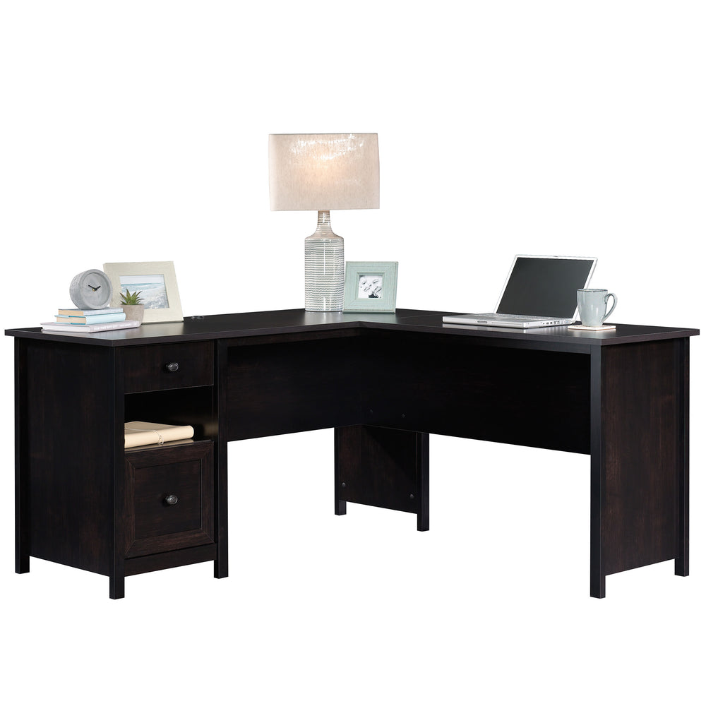 English Elm L-Shaped Desk - Stylish Black Finish With Spacious Surface, Storage Drawers & Cord Management For Efficiency B356P367875