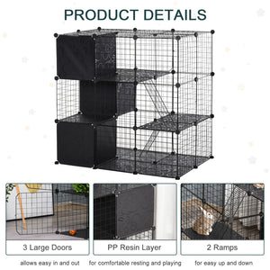 English Elm PawHut Modular Small Animal Playpen 56-Panel Metal Cage with Ramps, 3 Doors & Storage Shelf W2225P200757