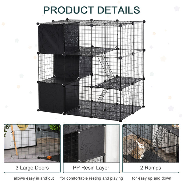 English Elm PawHut Modular Small Animal Playpen 56-Panel Metal Cage with Ramps, 3 Doors & Storage Shelf W2225P200757