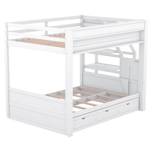 English Elm Wood Full Size Convertible Bunk Bed with Staircase Storage, Bedside Table and 3 Large Drawers, Durable Pine Finish White GX000335AAK-1