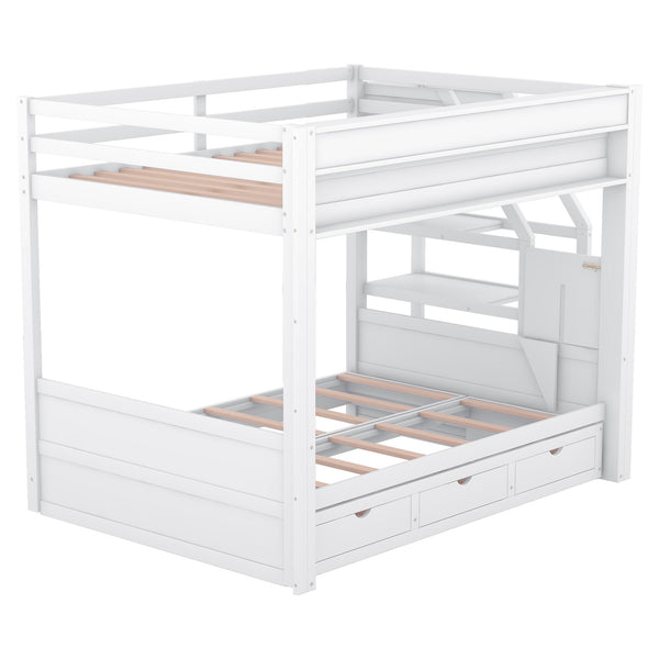 English Elm Wood Full Size Convertible Bunk Bed with Staircase Storage, Bedside Table and 3 Large Drawers, Durable Pine Finish White GX000335AAK-1