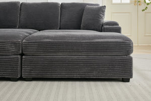 English Elm Corduroy Upholstered Chaise Lounge Sofa with Movable Ottoman, Cup Holder, Deep Seat Comfort Grey W2120S00007