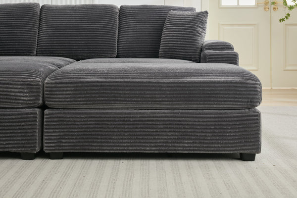 English Elm Corduroy Upholstered Chaise Lounge Sofa with Movable Ottoman, Cup Holder, Deep Seat Comfort Grey W2120S00007