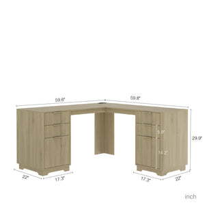 English Elm L Shaped Corner Desk with Storage Cabinet and Built in Charging Station for Home Office W1321S00038