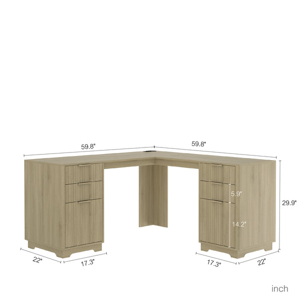 English Elm L Shaped Corner Desk with Storage Cabinet and Built in Charging Station for Home Office W1321S00038