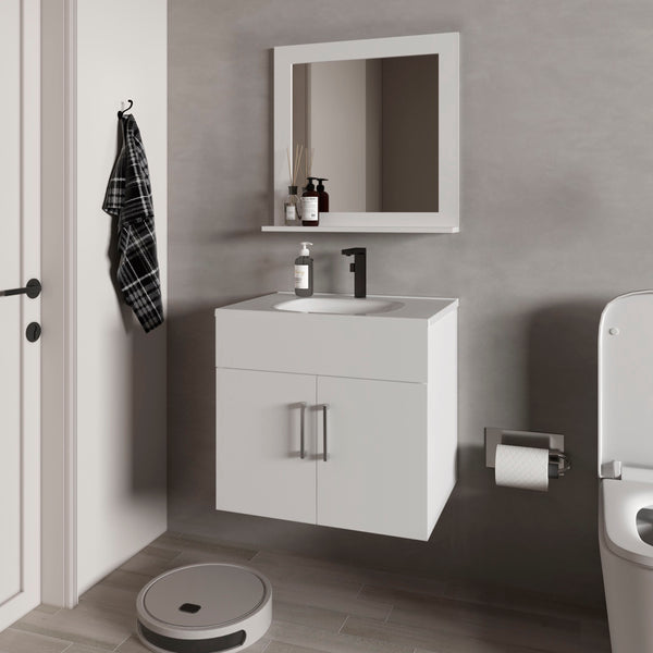 English Elm Slater Floating Bathroom Vanity Set with Sink and Mirror Shelf, Space-Saving 24" White Cabinet B128P314805