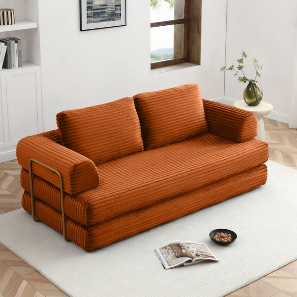 English Elm Convertible Floor Sofa Futon with Corduroy Upholstery for Living Room Lounging and Sleeping Orange W1117P434732