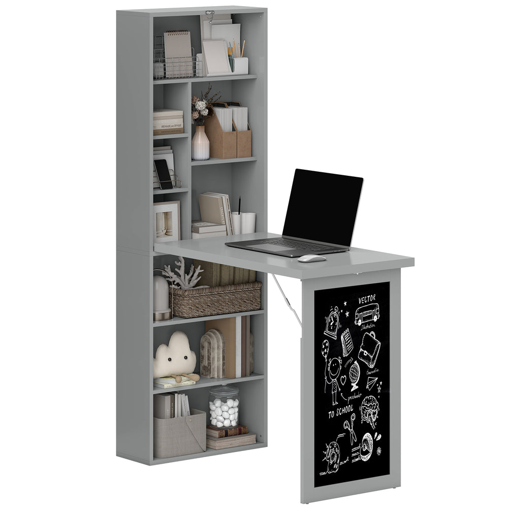 English Elm Fold-out Wall Mounted Convertible Workstation with Blackboard Panel and Adjustable Shelf T3971P387767