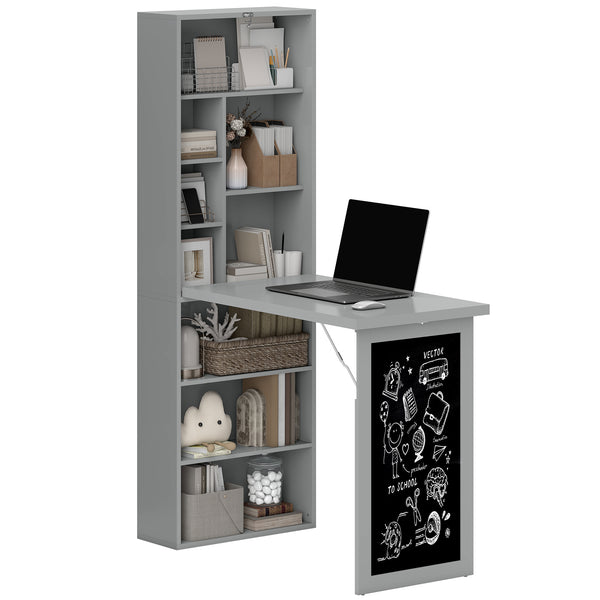 English Elm Fold-out Wall Mounted Convertible Workstation with Blackboard Panel and Adjustable Shelf T3971P387767