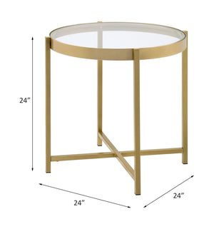 English Elm Charrot Round Tempered Glass End Table with Gold Metal Crossbar Base for Living Room B2726P426722