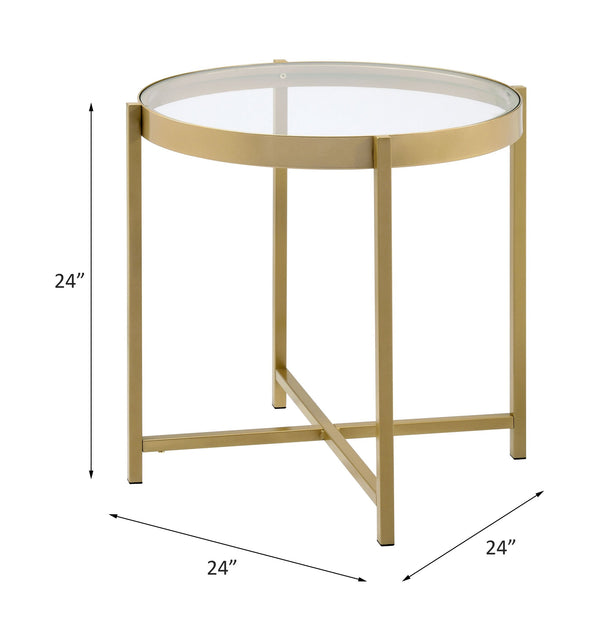 English Elm Charrot Round Tempered Glass End Table with Gold Metal Crossbar Base for Living Room B2726P426722