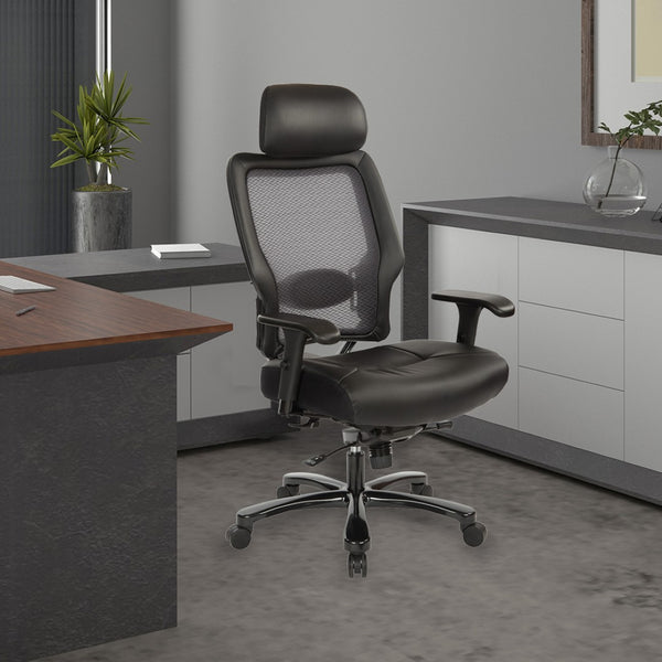 OSP Home Furnishings Executive Big and Tall Ergonomic Office Chair with Mesh Back and Bonded Leather Seat 63-E37A773HL