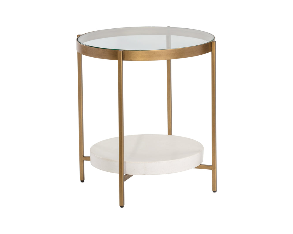 Sunpan Gia Side Table - Elegant Round Glass Top with Unique Concrete Shelf & Antique Brass Frame, 23.75"H