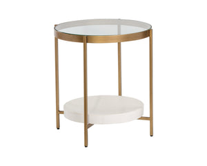 Sunpan Gia Side Table - Elegant Round Glass Top with Unique Concrete Shelf & Antique Brass Frame, 23.75"H