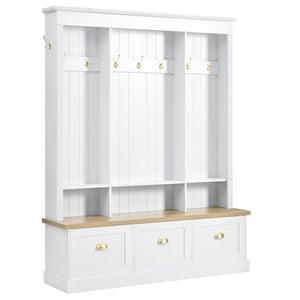 English Elm Farmhouse Hall Tree with Triple Arch Back Panel Eight Hooks Drawers and Entryway Bench White N721S000062K