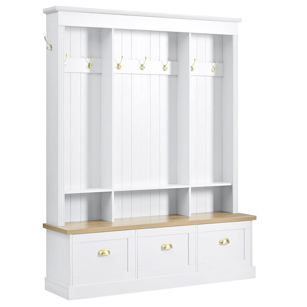 English Elm Farmhouse Hall Tree with Triple Arch Back Panel Eight Hooks Drawers and Entryway Bench White N721S000062K