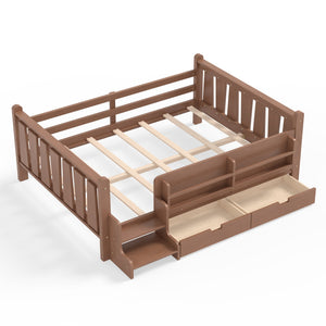 English Elm Twin Kids Platform Bed with Trundle Staircase Bookshelf and Rounded Safety Rails Natural W1580S00540