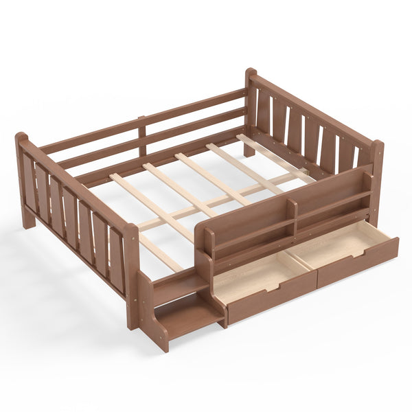 English Elm Twin Kids Platform Bed with Trundle Staircase Bookshelf and Rounded Safety Rails Natural W1580S00540