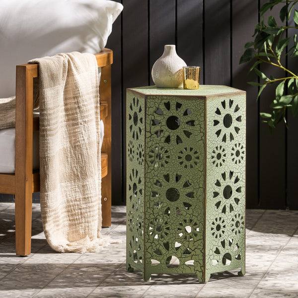English Elm Galore Iron Patio Side Table with Sunburst Cutout and Crackle Finish for Outdoor Lounging Green 60815.00CGRN
