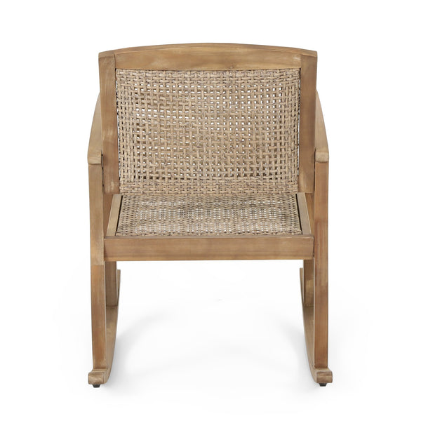 English Elm Christopher Knight Home® - ANTELOPE Acacia Wood Rocking Chair in Light Brown with Polyethylene Rattan Seat, Durable Outdoor Relaxer 71983.00MLBRN