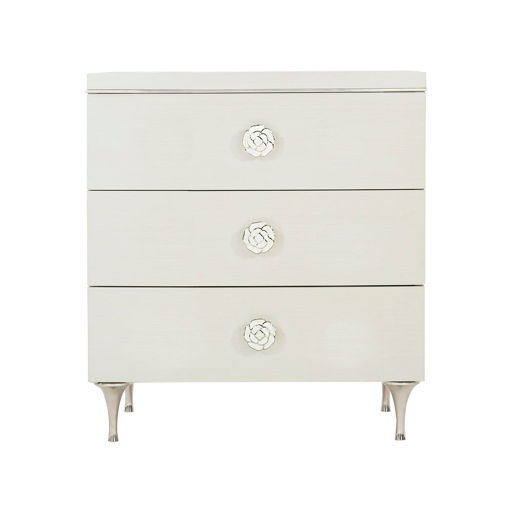 Bernhardt Bernhardt Silhouette Nightstand Eggshell Finish — Hollywood Regency Glam, Polished Steel & Soft-Close Drawers 307233