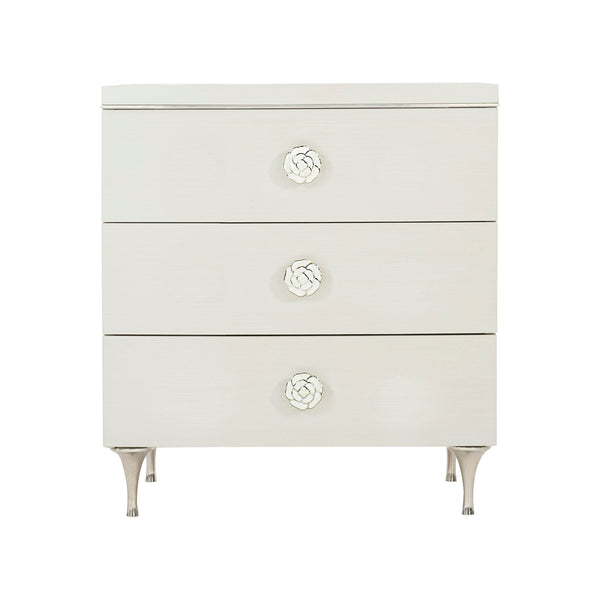 Bernhardt Bernhardt Silhouette Nightstand Eggshell Finish — Hollywood Regency Glam, Polished Steel & Soft-Close Drawers 307233