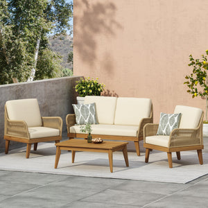 English Elm Christopher Knight Home® - Outdoor Teak Acacia 4-Piece Chat Set with Rope Weave, Water-Resistant Cushions, Loveseat & 2 Chairs 73424.00LBGE